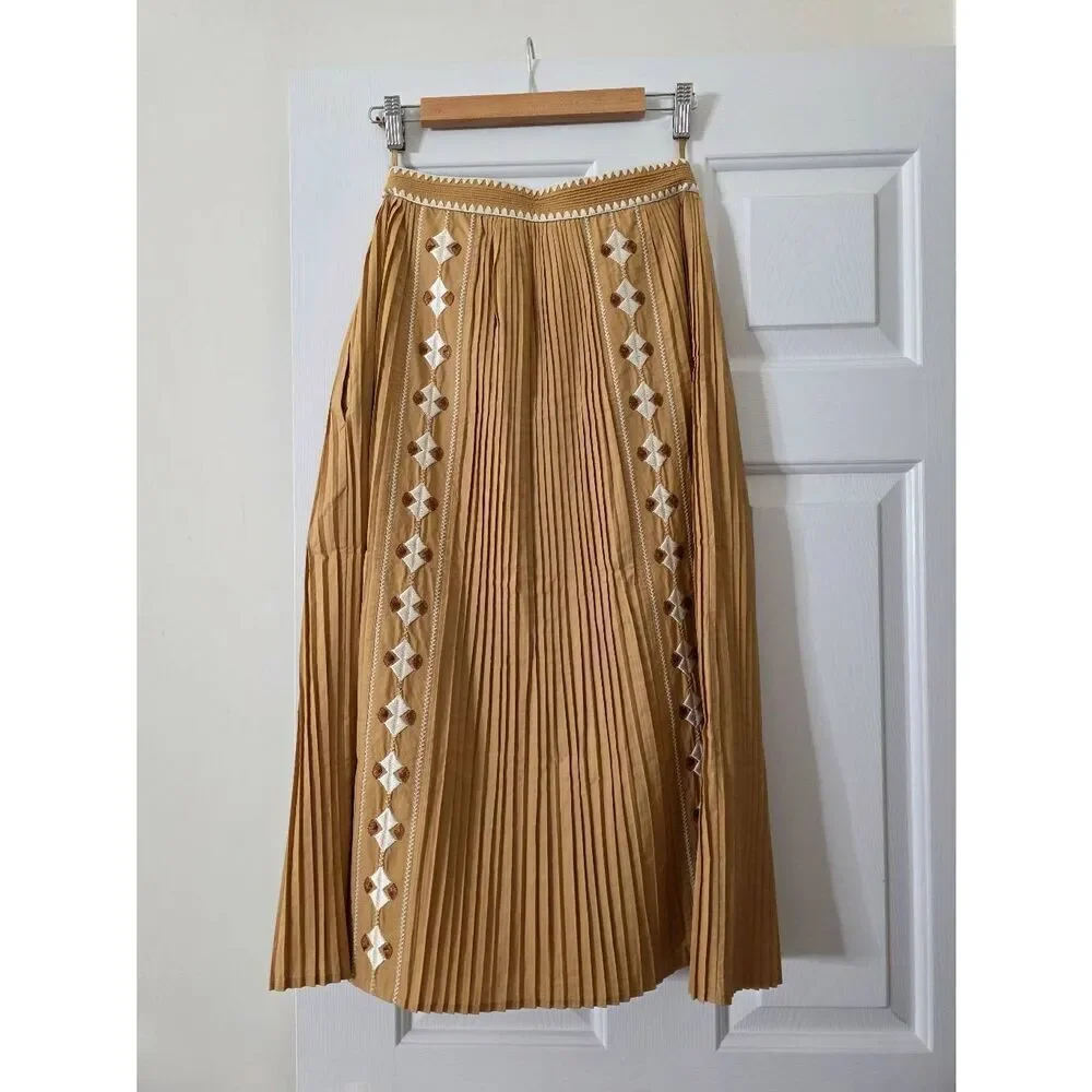 Ulla Johnson Midi Pleated Brown Sabina Embroidered Skirt 0 NWT - Picture 8 of 12